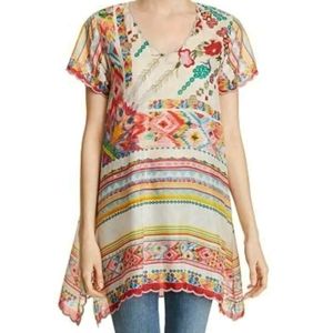 NWOT Johnny Was Tulum Short-Sleeve Silk Georgette Tunic w/ Scallop Trim